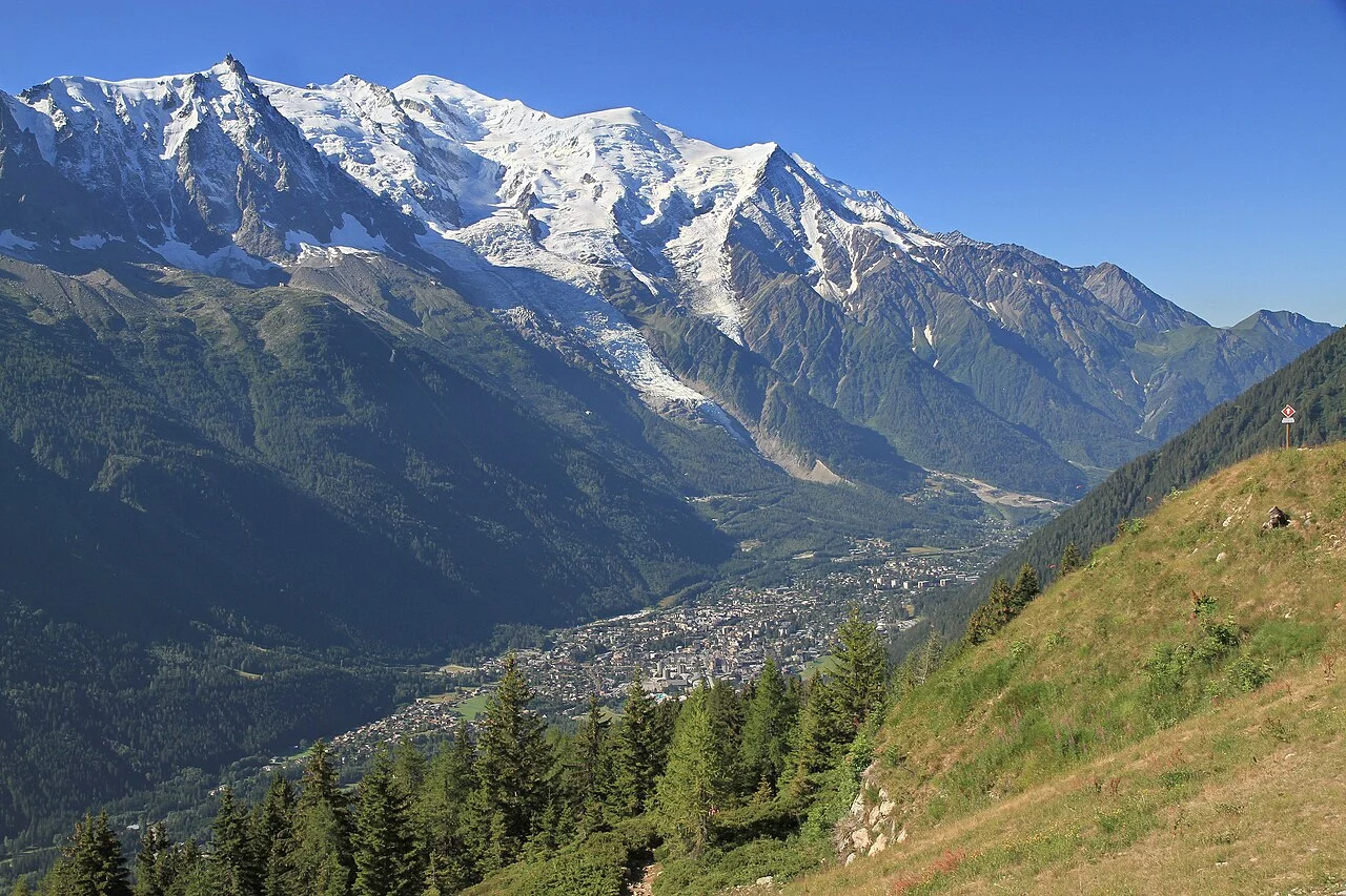 Panoramic view of Chamonix valley with Mont Blanc in the background