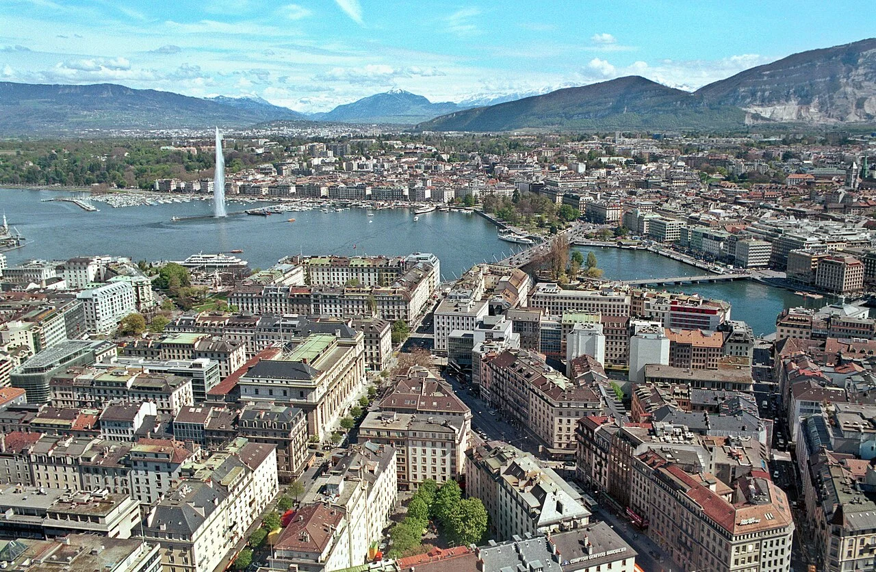 Geneva city aerial view with Lake Geneva